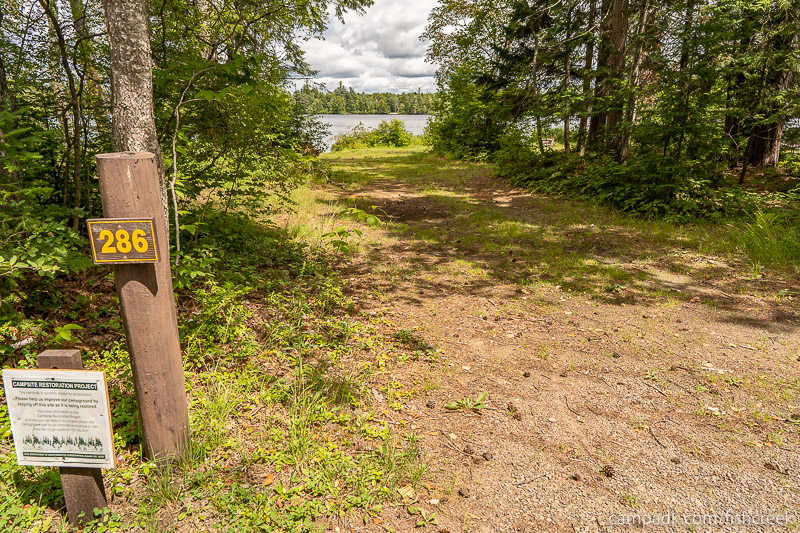 Campsite Photo of Site 313 at Fish Creek Pond Campground, New York - Looking at Site from Road Sign Visible