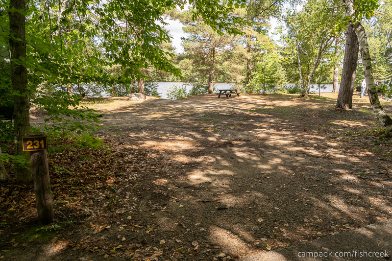 Campsite Photo of Site 259 at Fish Creek Pond Campground, New York - Looking at Site from Road Sign Visible