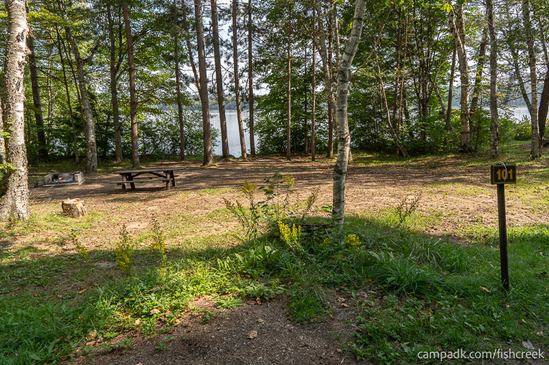 Campsite Photo of Site 133 at Fish Creek Pond Campground, New York - Looking at Site from Road Sign Visible