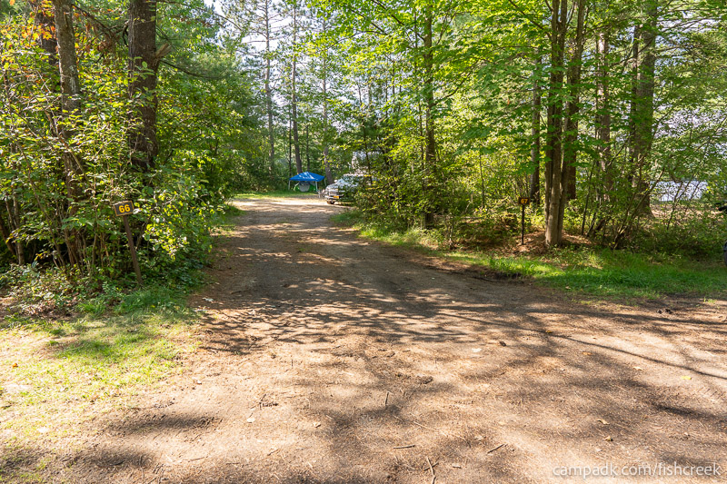 Campsite Photo of Site F90 at Fish Creek Pond Campground, New York - Looking at Site from Road Sign Visible