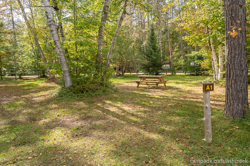 Campsite Photo of Site 64 at Fish Creek Pond Campground, New York - Looking at Site from Road Sign Visible