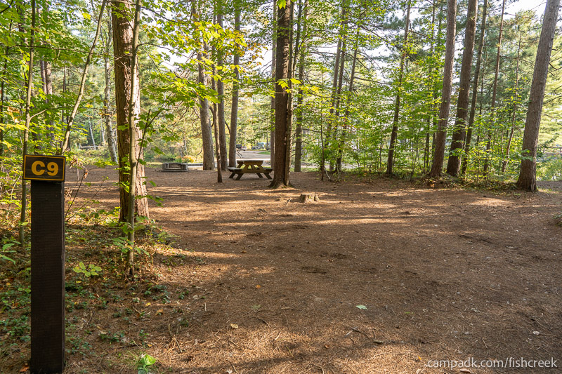 Campsite Photo of Site 38 at Fish Creek Pond Campground, New York - Looking at Site from Road Sign Visible