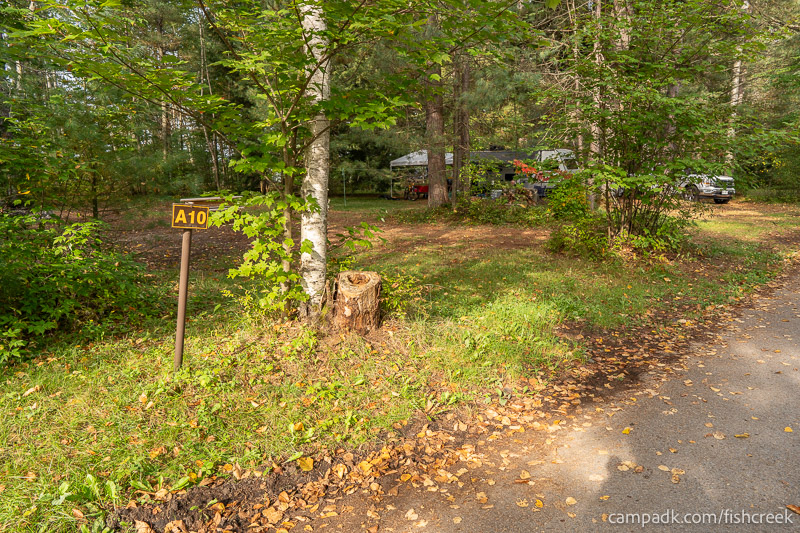 Campsite Photo of Site 82 at Fish Creek Pond Campground, New York - Looking at Site from Road Sign Visible