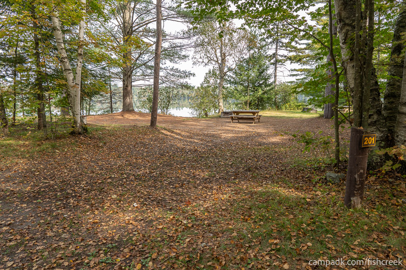Campsite Photo of Site 229 at Fish Creek Pond Campground, New York - Looking at Site from Road Sign Visible