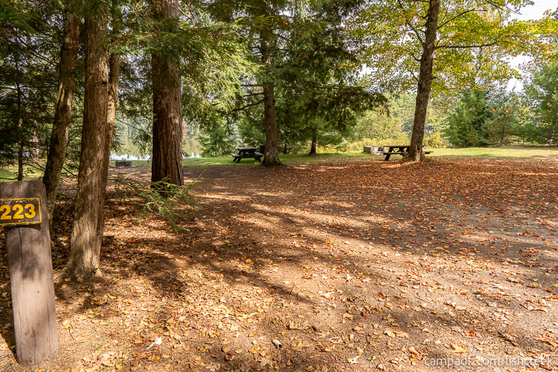 Campsite Photo of Site 251 at Fish Creek Pond Campground, New York - Looking at Site from Road Sign Visible