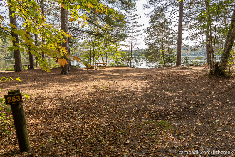 Campsite Photo of Site 281 at Fish Creek Pond Campground, New York - Looking at Site from Road Sign Visible