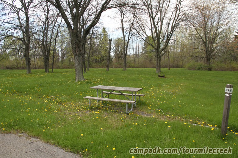 Campsite Photo of Site 319 at Four Mile Creek State Park, New York - Looking at Site from Road Sign Visible
