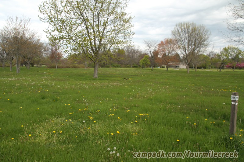 Campsite Photo of Site 324 at Four Mile Creek State Park, New York - Looking at Site from Road Sign Visible