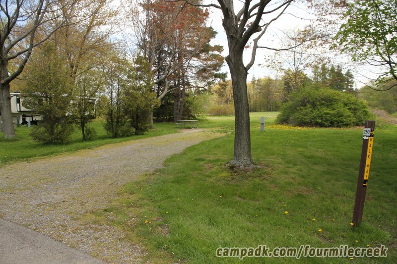 Campsite Photo of Site 250 at Four Mile Creek State Park, New York - Looking at Site from Road Sign Visible