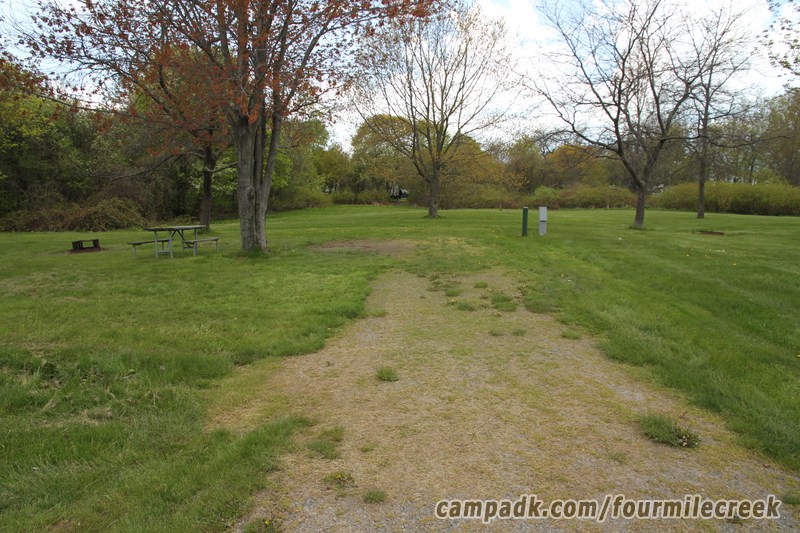 Campsite Photo of Site 206 at Four Mile Creek State Park, New York - Looking at Site from Road Sign Visible
