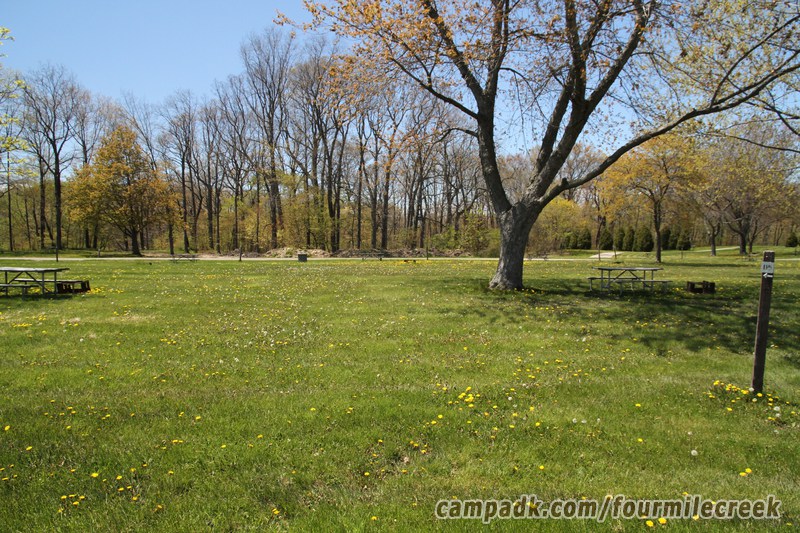 Campsite Photo of Site 115 at Four Mile Creek State Park, New York - Looking at Site from Road Sign Visible
