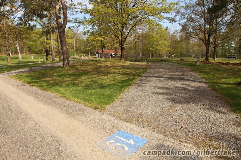Campsite Photo of Site 19 at Gilbert Lake State Park, New York - Looking at Site from Road Sign Visible