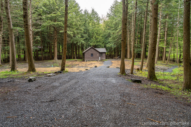 Campsite Photo of Site 6 at Gilbert Lake State Park, New York - Looking at Site from Road Sign Visible