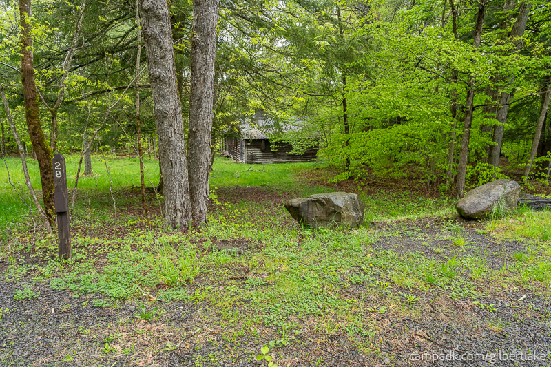 Campsite Photo of Site 28 at Gilbert Lake State Park, New York - Looking at Site from Road Sign Visible