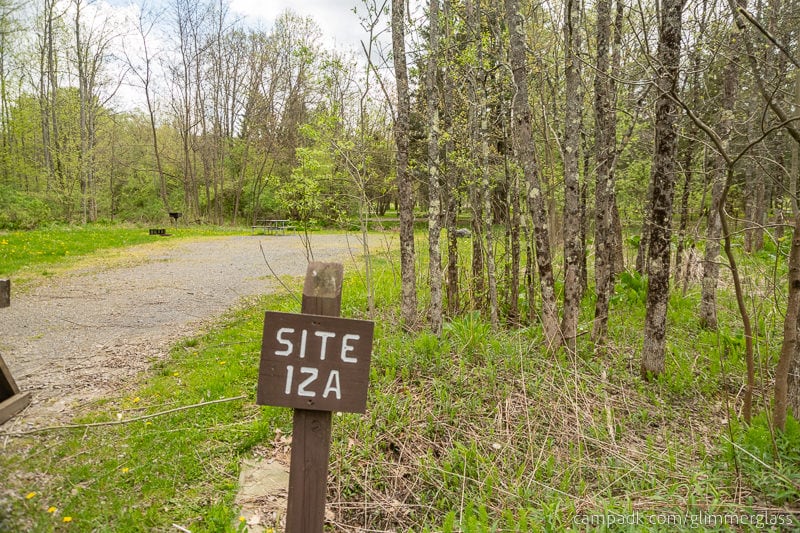 Campsite Photo of Site 12A at Glimmerglass State Park, New York - Looking at Site from Road Sign Visible