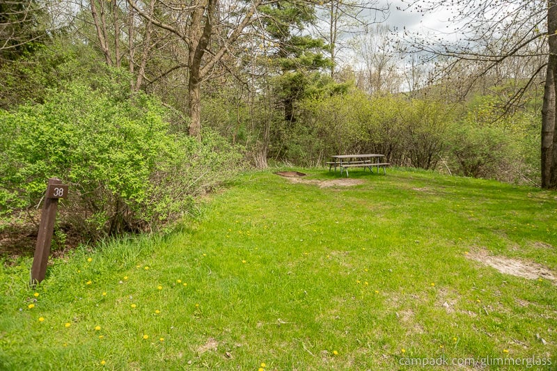 Campsite Photo of Site 38 at Glimmerglass State Park, New York - Looking at Site from Road Sign Visible