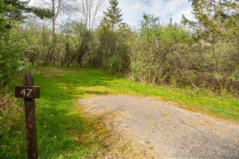 Campsite Photo of Site 47 at Glimmerglass State Park, New York - Looking at Site from Road Sign Visible