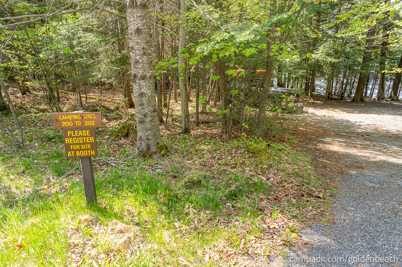 Campsite Photo of Site 201 at Golden Beach Campground, New York - Looking at Site from Road Sign Visible