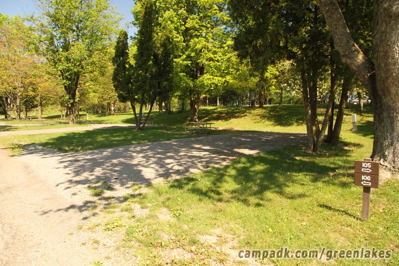 Campsite Photo of Site 106 at Green Lakes State Park, New York - Looking at Site from Road Sign Visible