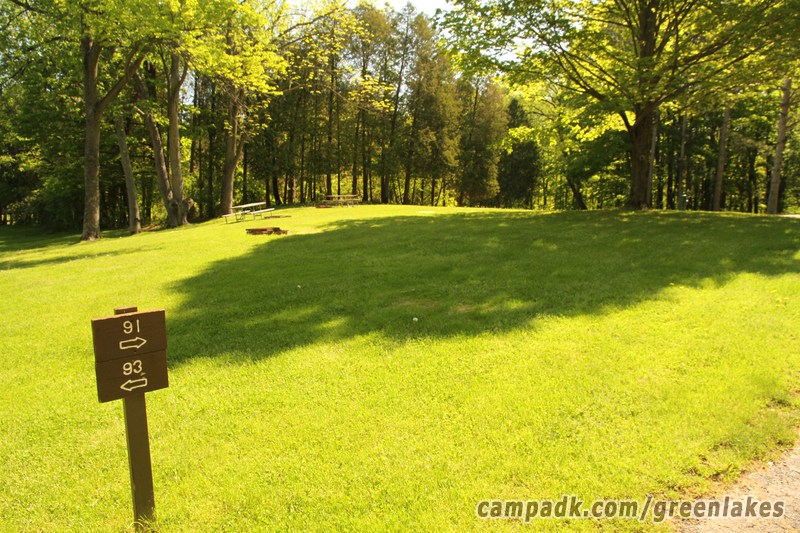 Campsite Photo of Site 91 at Green Lakes State Park, New York - Looking at Site from Road Sign Visible
