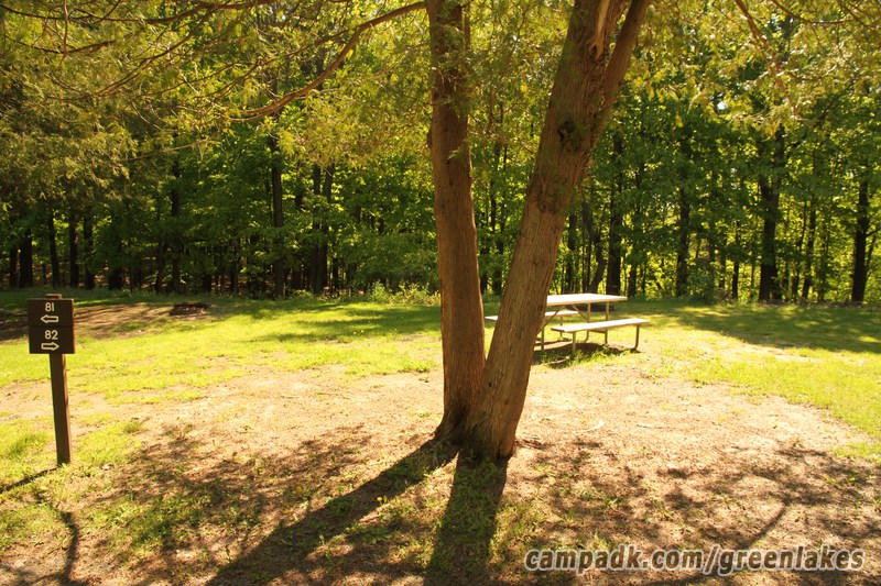 Campsite Photo of Site 82 at Green Lakes State Park, New York - Looking at Site from Road Sign Visible