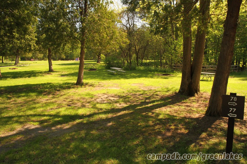 Campsite Photo of Site 77 at Green Lakes State Park, New York - Looking at Site from Road Sign Visible