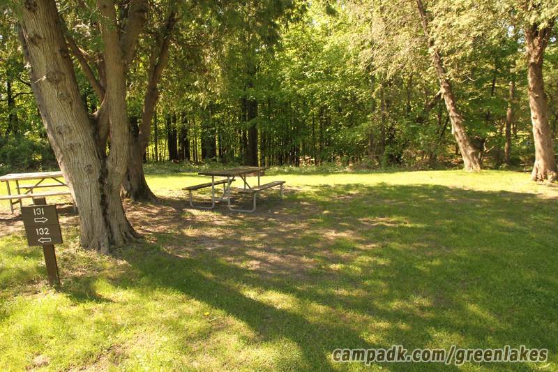 Campsite Photo of Site 131 at Green Lakes State Park, New York - Looking at Site from Road Sign Visible