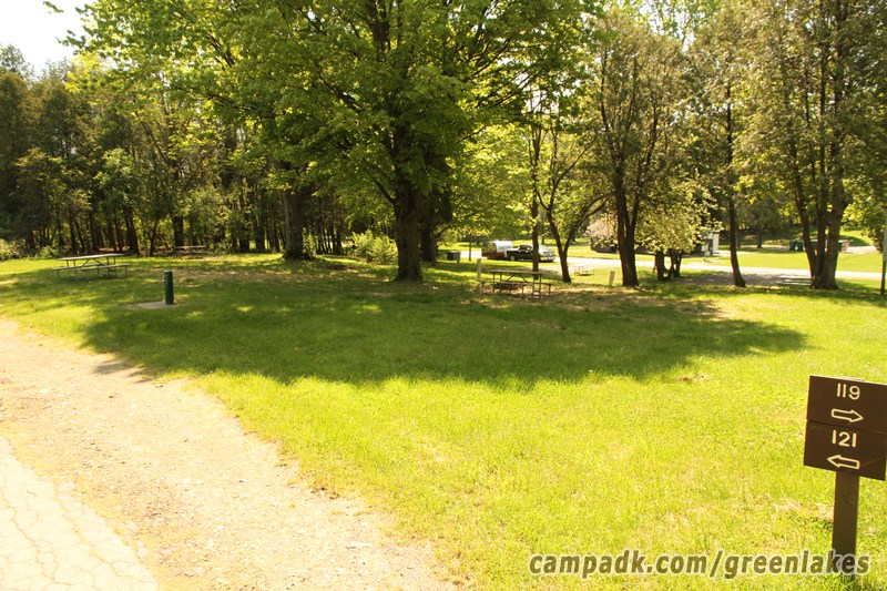 Campsite Photo of Site 121 at Green Lakes State Park, New York - Looking at Site from Road Sign Visible