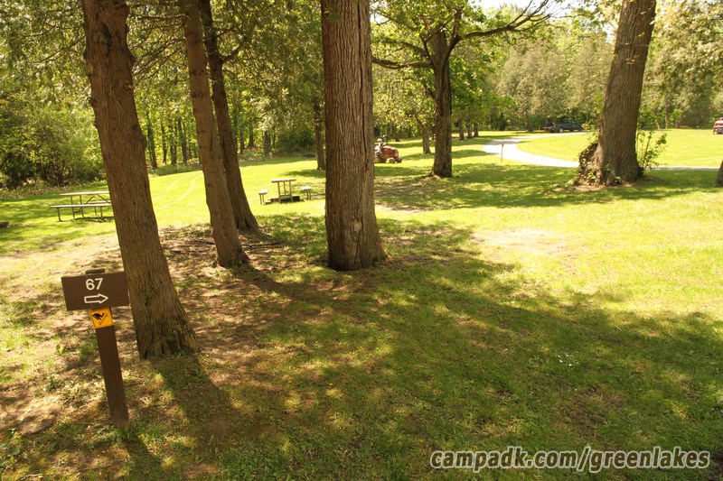 Campsite Photo of Site 67 at Green Lakes State Park, New York - Looking at Site from Road Sign Visible