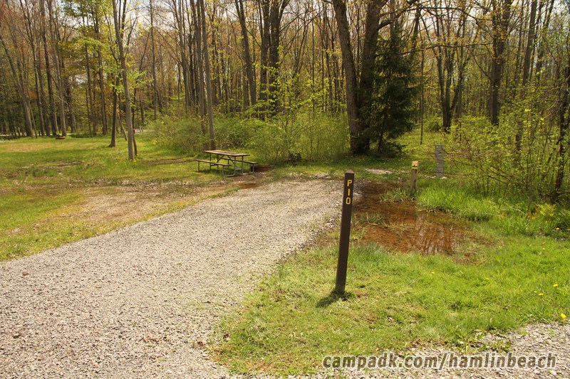 Campsite Photo of Site 10 at Hamlin Beach State Park, New York - Looking at Site from Road Sign Visible