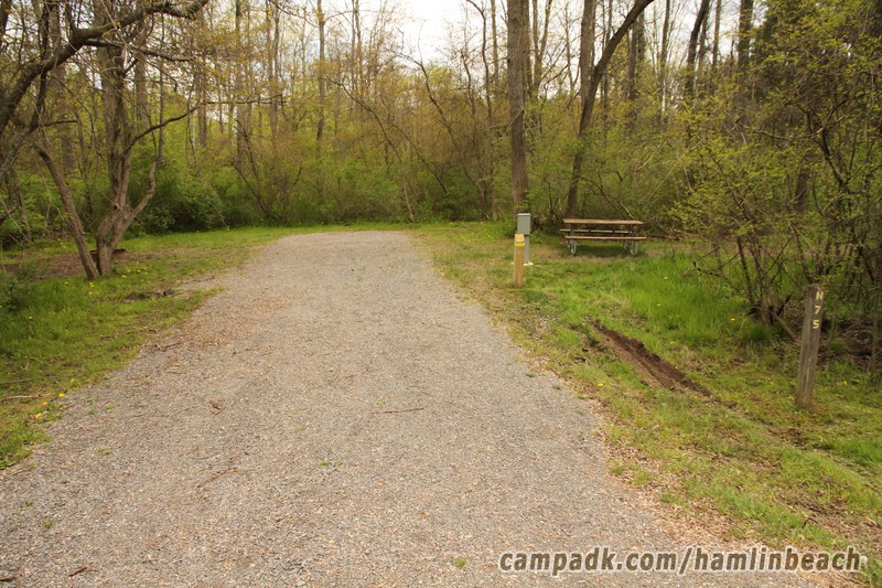 Campsite Photo of Site 75 at Hamlin Beach State Park, New York - Looking at Site from Road Sign Visible