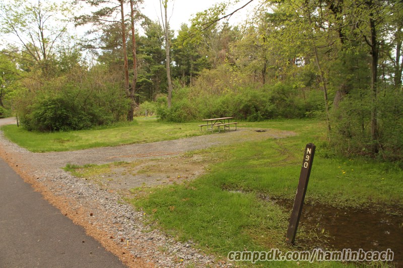 Campsite Photo of Site 90 at Hamlin Beach State Park, New York - Looking at Site from Road Sign Visible