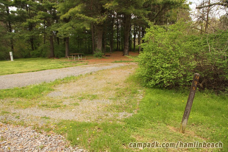 Campsite Photo of Site 95 at Hamlin Beach State Park, New York - Looking at Site from Road Sign Visible
