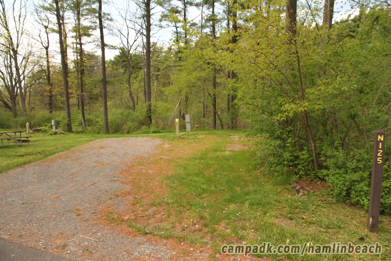 Campsite Photo of Site 125 at Hamlin Beach State Park, New York - Looking at Site from Road Sign Visible