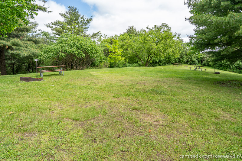 Campsite Photo of Site 11 at Keewaydin State Park, New York - Looking at Site from Road Sign Visible