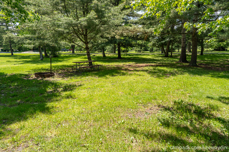 Campsite Photo of Site 29 at Keewaydin State Park, New York - Looking at Site from Road Sign Visible