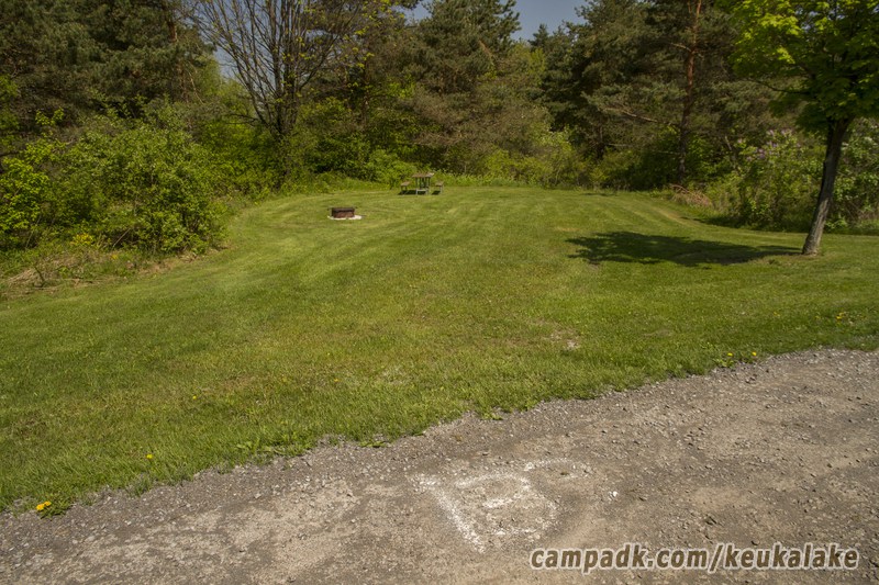 Campsite Photo of Site 120 at Keuka Lake State Park, New York - Looking at Site from Road Sign Visible