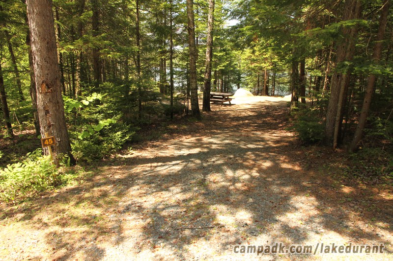 Campsite Photo of Site 45 at Lake Durant Campground, New York - Looking at Site from Road Sign Visible