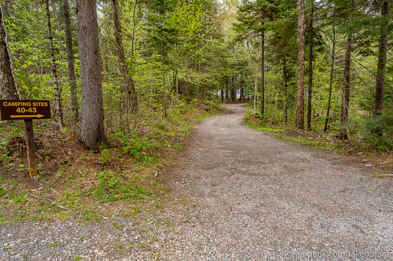 Campsite Photo of Site 43 at Lake Durant Campground, New York - Looking at Site from Road Sign Visible