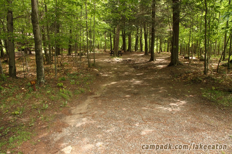 Campsite Photo of Site 95 at Lake Eaton Campground, New York - Looking at Site from Road Sign Visible
