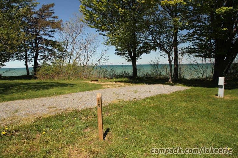 Campsite Photo of Site 15 at Lake Erie State Park, New York - Looking at Site from Road Sign Visible