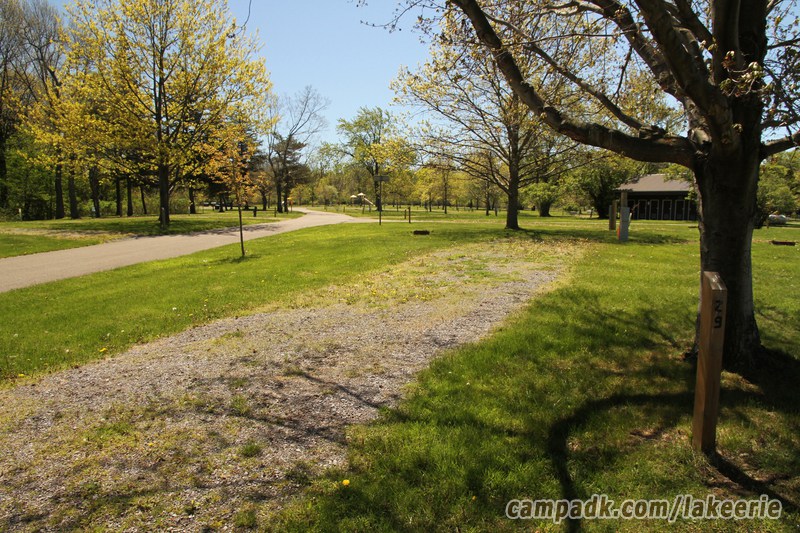 Campsite Photo of Site 29 at Lake Erie State Park, New York - Looking at Site from Road Sign Visible