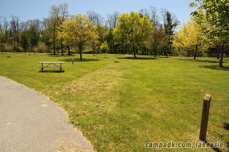 Campsite Photo of Site 52 at Lake Erie State Park, New York - Looking at Site from Road Sign Visible