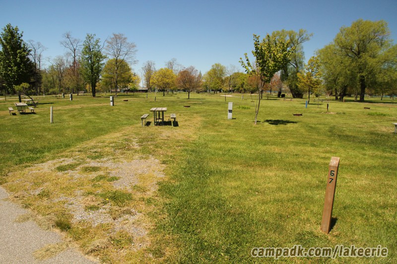 Campsite Photo of Site 67 at Lake Erie State Park, New York - Looking at Site from Road Sign Visible