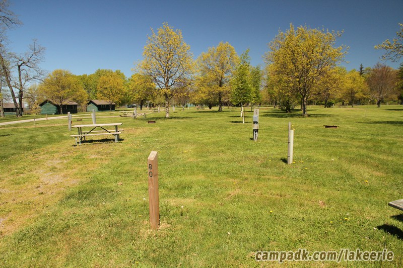 Campsite Photo of Site 80 at Lake Erie State Park, New York - Looking at Site from Road Sign Visible