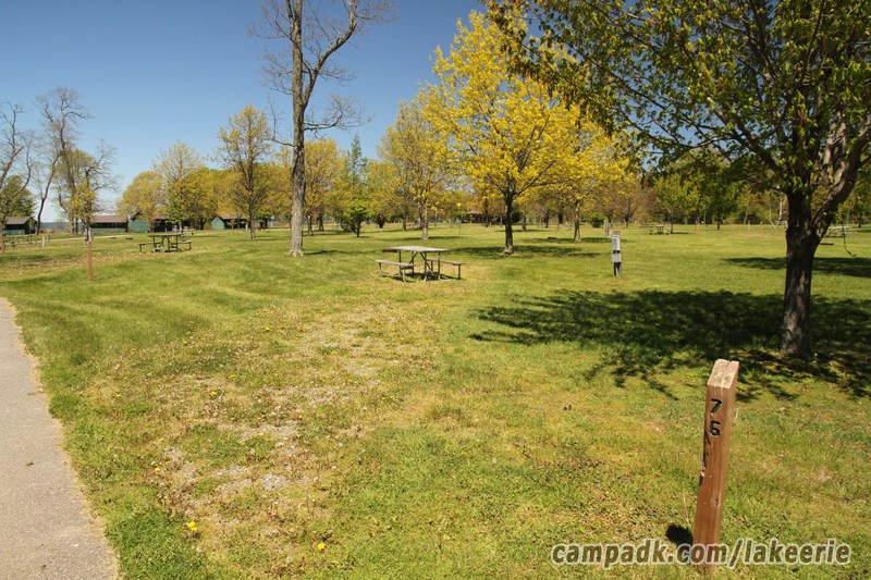 Campsite Photo of Site 76 at Lake Erie State Park, New York - Looking at Site from Road Sign Visible