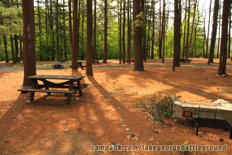 Campsite Photo of Site 35 at Lake George Battleground Campground, New York - Looking at Site from Road Sign Visible