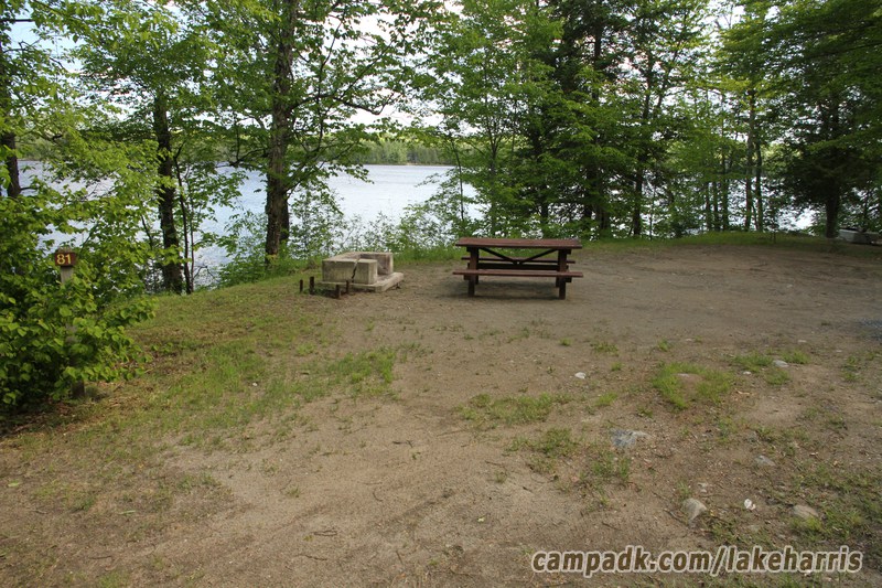 Campsite Photo of Site 81 at Lake Harris Campground, New York - Looking at Site from Road Sign Visible