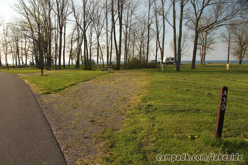 Campsite Photo of Site A30 at Lakeside State Park, New York - Looking at Site from Road Sign Visible