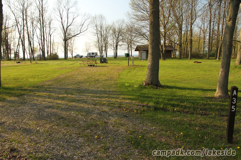 Campsite Photo of Site A35 at Lakeside State Park, New York - Looking at Site from Road Sign Visible